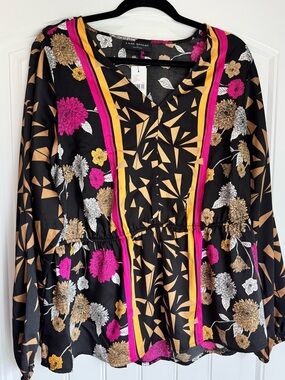 Lane Bryant Black Floral Geometric Peplum Top with Pink & Gold Stripes NWT